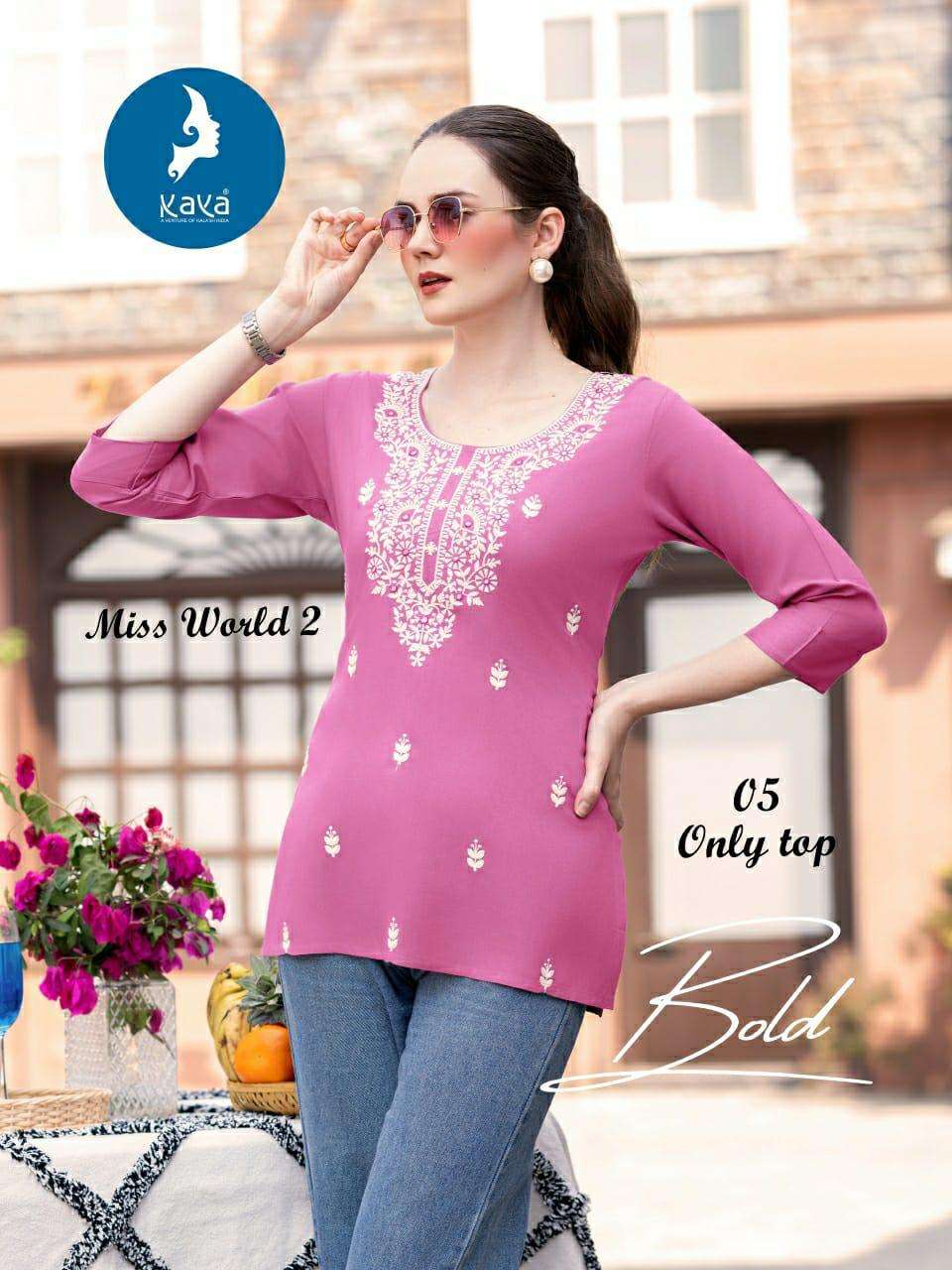 MISS WORLD 2 BY KAYA KURTI IN REYON ONLY SHORT TOP WITH SUPER QUALITY FABRICS 