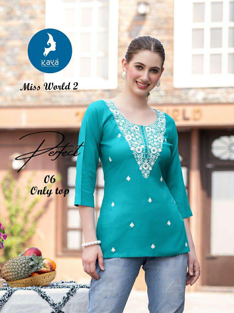 MISS WORLD 2 BY KAYA KURTI IN REYON ONLY SHORT TOP WITH SUPER QUALITY FABRICS 