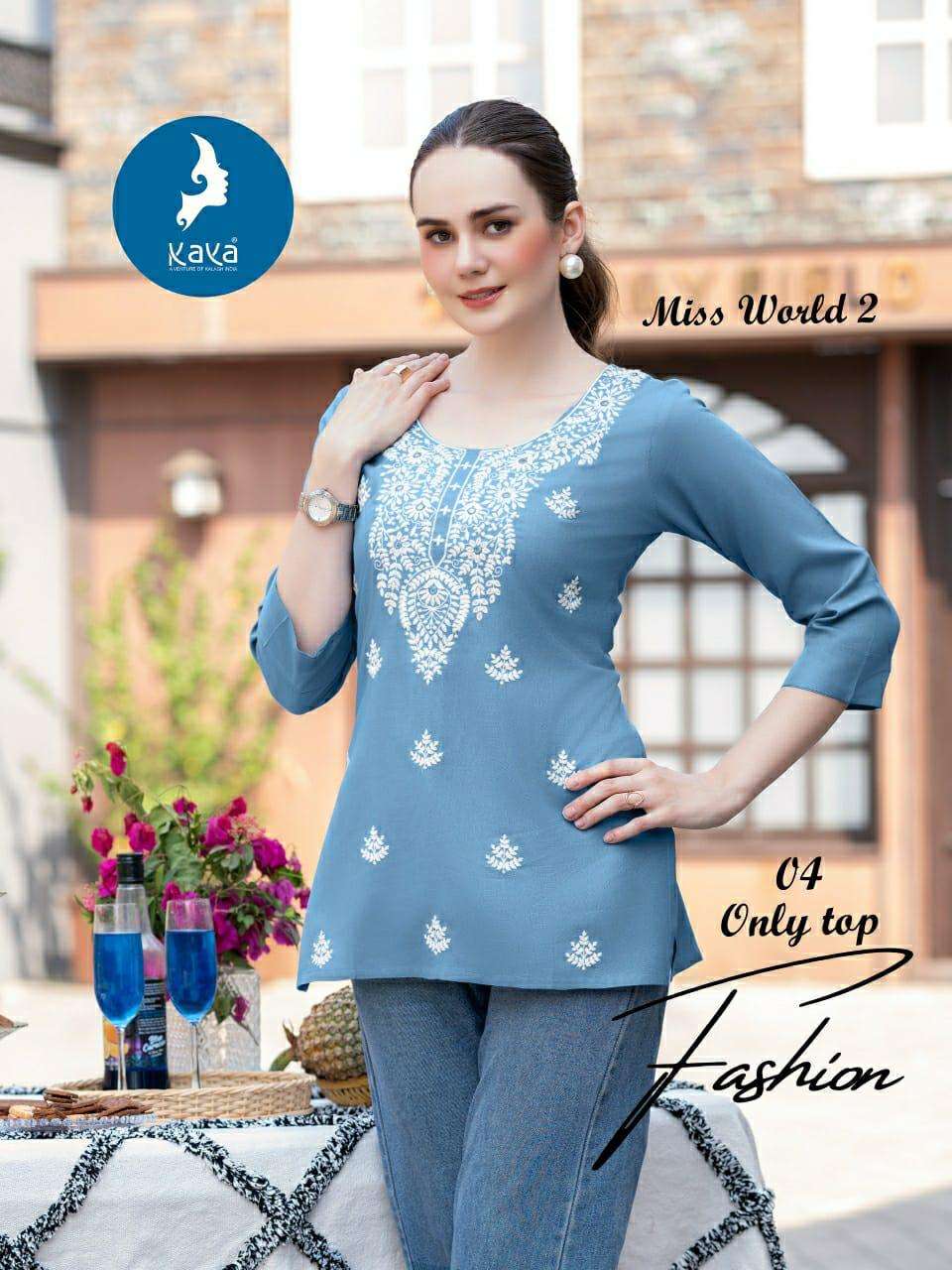 MISS WORLD 2 BY KAYA KURTI IN REYON ONLY SHORT TOP WITH SUPER QUALITY FABRICS 