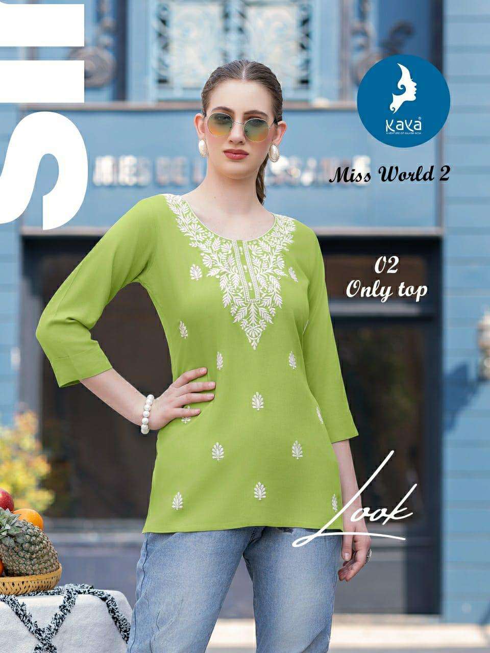 MISS WORLD 2 BY KAYA KURTI IN REYON ONLY SHORT TOP WITH SUPER QUALITY FABRICS 