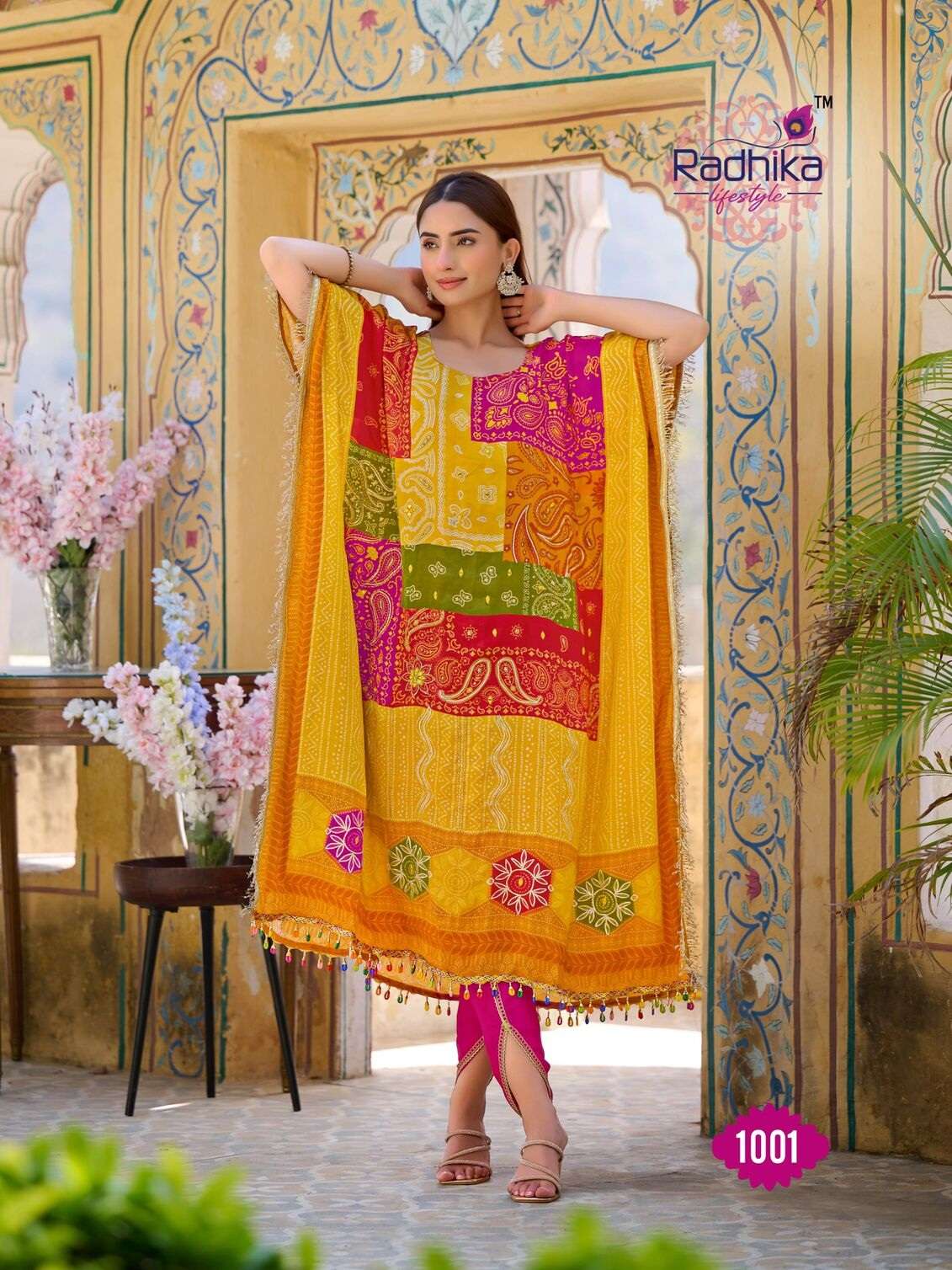 NOOR VOL:-1 BY RADHIKA LIFE STYLE IN PURE NATURAL CREP WITH HAND WORK TRENDY KAFTAAN WITH TULIP