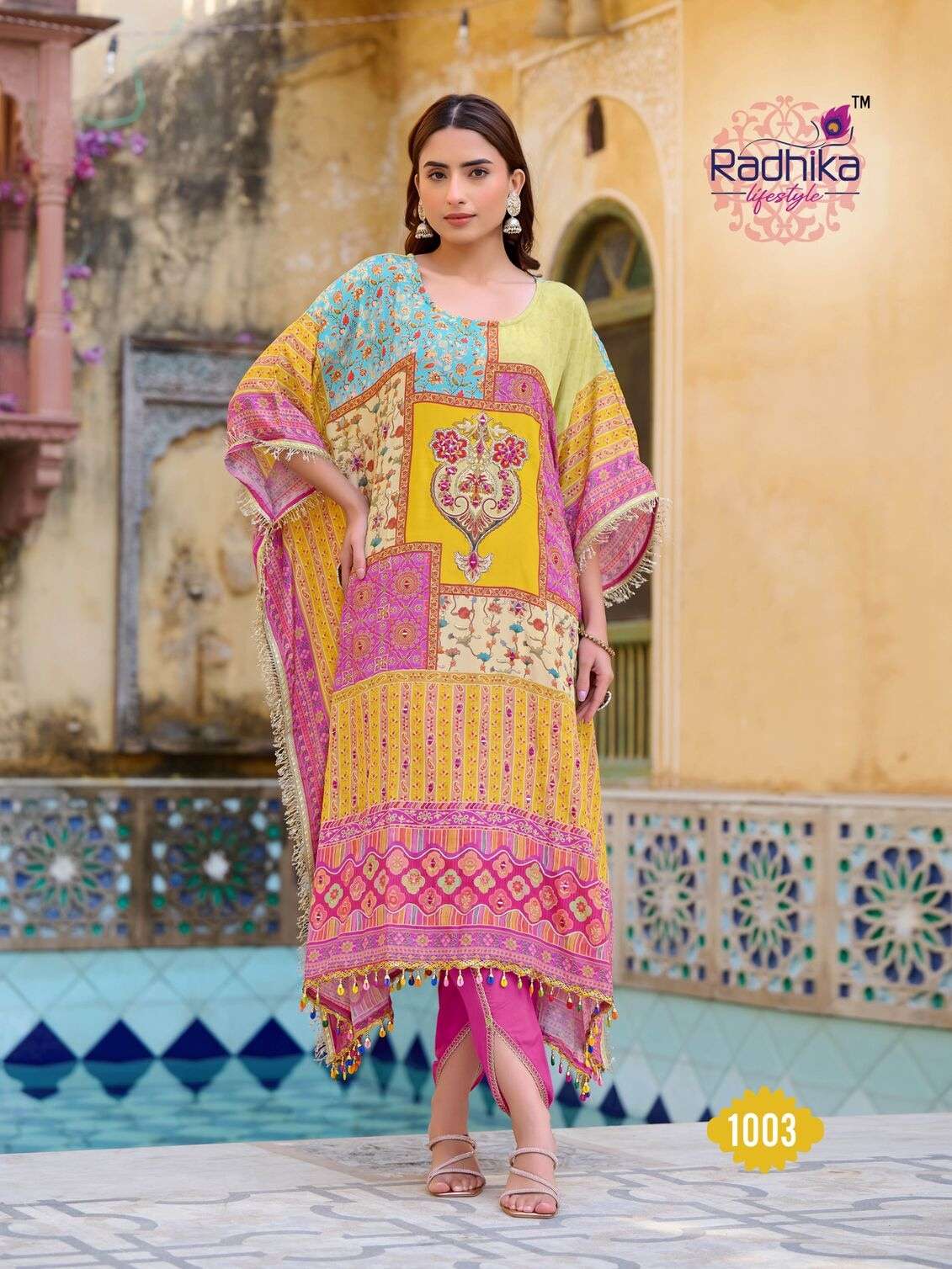 NOOR VOL:-1 BY RADHIKA LIFE STYLE IN PURE NATURAL CREP WITH HAND WORK TRENDY KAFTAAN WITH TULIP