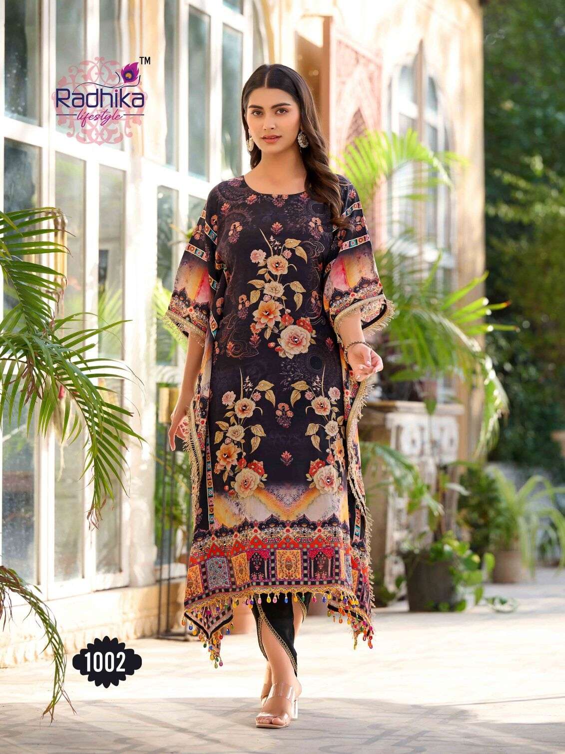 NOOR VOL:-1 BY RADHIKA LIFE STYLE IN PURE NATURAL CREP WITH HAND WORK TRENDY KAFTAAN WITH TULIP