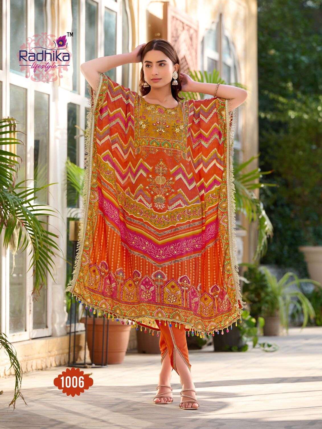NOOR VOL:-1 BY RADHIKA LIFE STYLE IN PURE NATURAL CREP WITH HAND WORK TRENDY KAFTAAN WITH TULIP