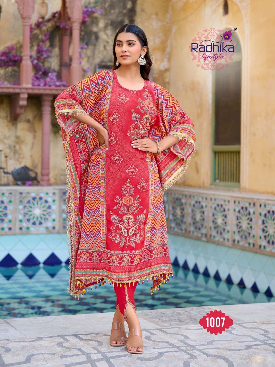 NOOR VOL:-1 BY RADHIKA LIFE STYLE IN PURE NATURAL CREP WITH HAND WORK TRENDY KAFTAAN WITH TULIP