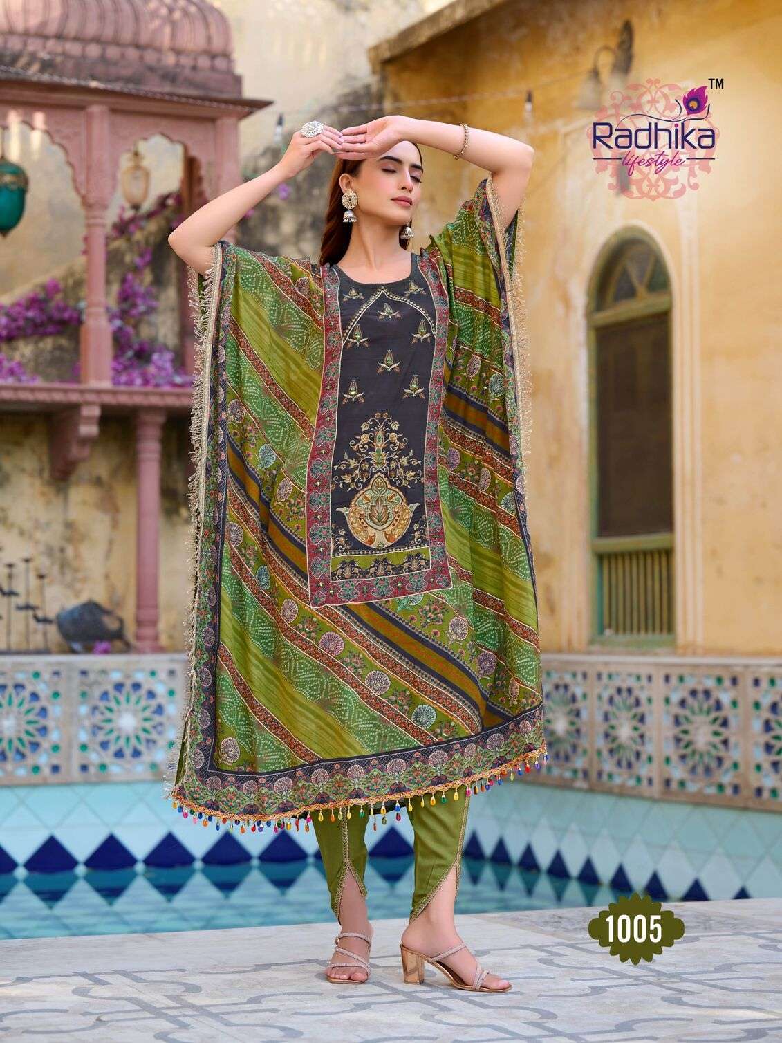 NOOR VOL:-1 BY RADHIKA LIFE STYLE IN PURE NATURAL CREP WITH HAND WORK TRENDY KAFTAAN WITH TULIP