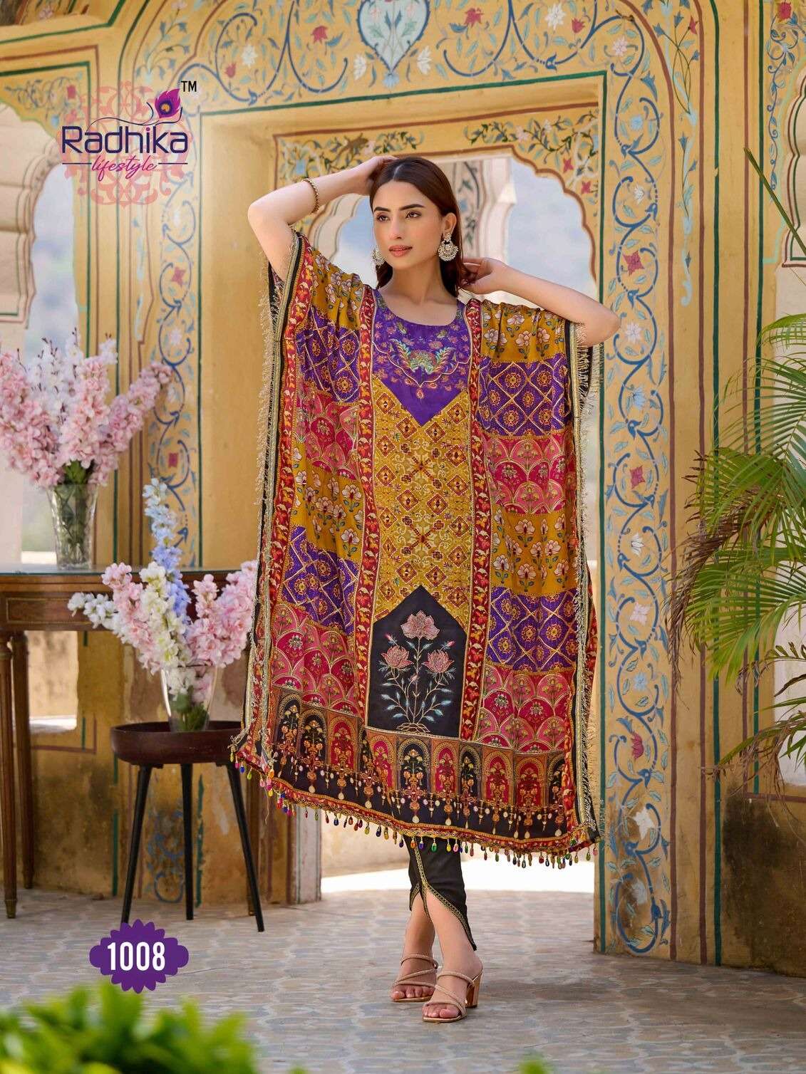 NOOR VOL:-1 BY RADHIKA LIFE STYLE IN PURE NATURAL CREP WITH HAND WORK TRENDY KAFTAAN WITH TULIP