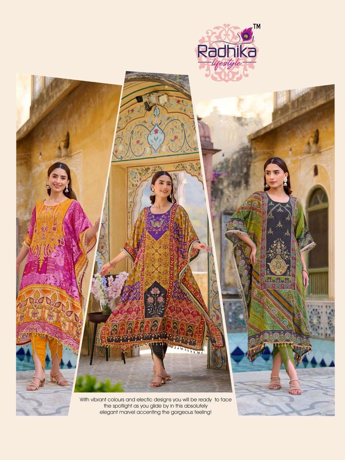 NOOR VOL:-1 BY RADHIKA LIFE STYLE IN PURE NATURAL CREP WITH HAND WORK TRENDY KAFTAAN WITH TULIP