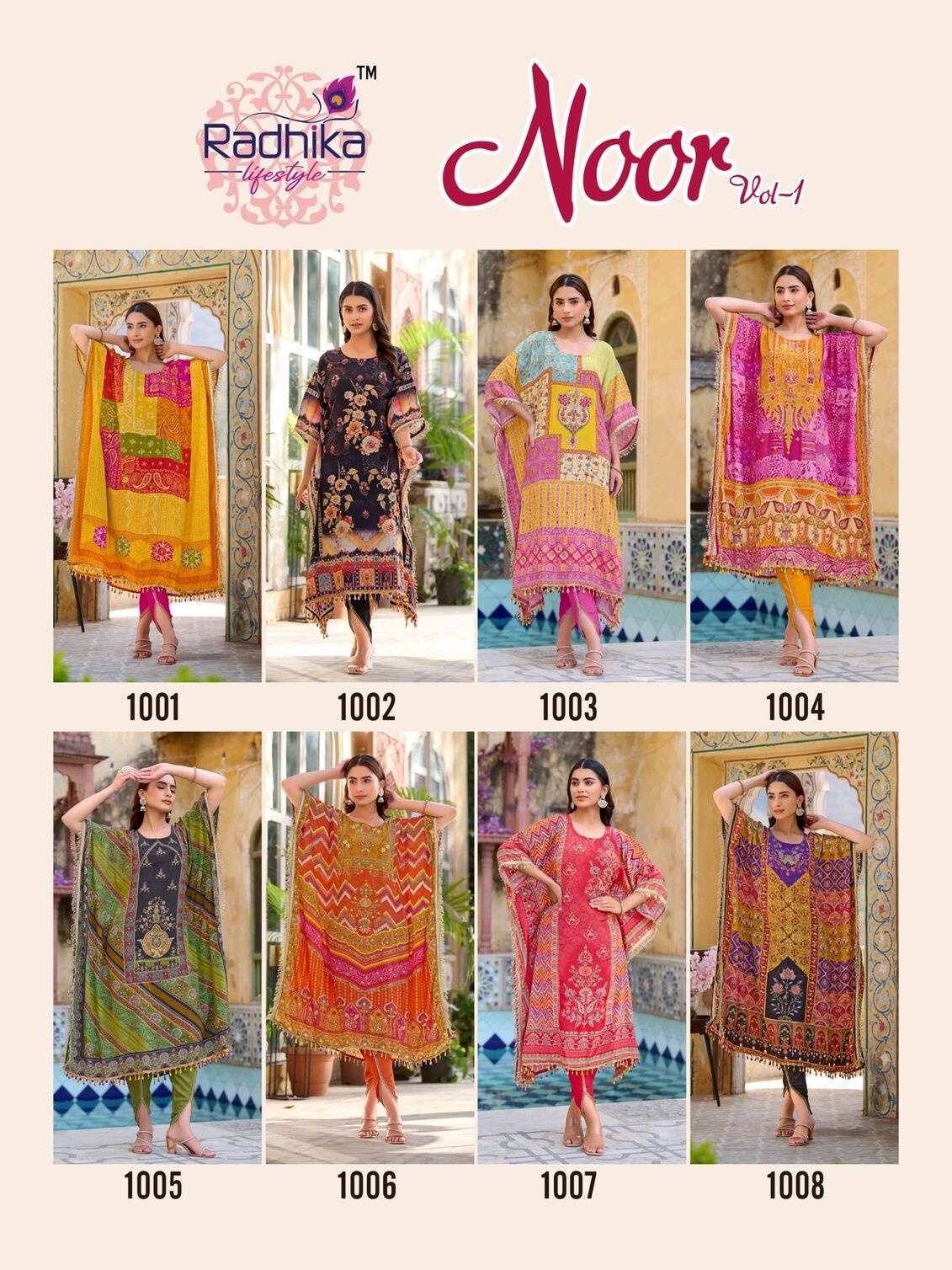 NOOR VOL:-1 BY RADHIKA LIFE STYLE IN PURE NATURAL CREP WITH HAND WORK TRENDY KAFTAAN WITH TULIP