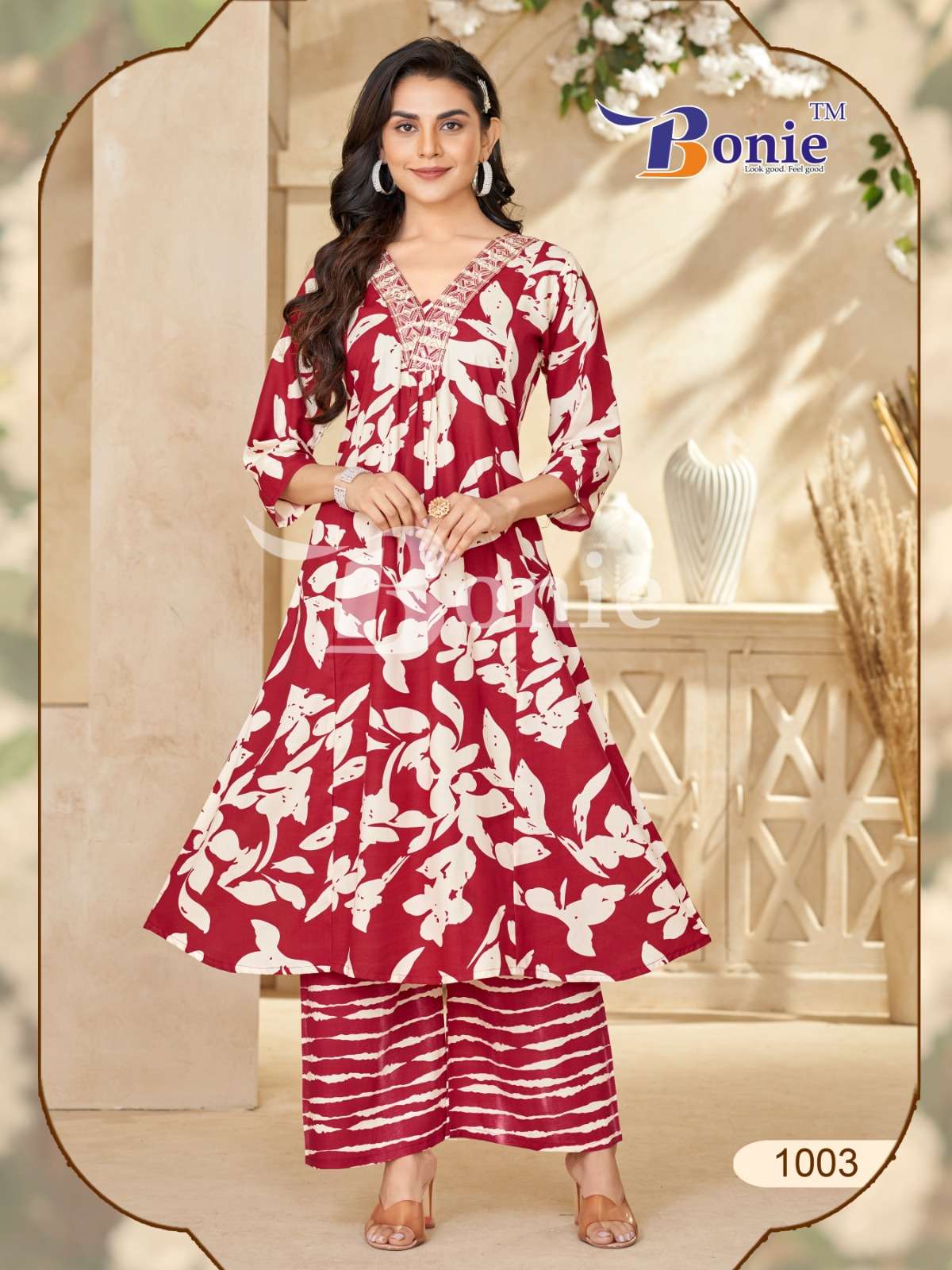 RUTVI VOL 1 BY BONIE BRAND IN LIVA PRINTS KURTI PLAZZO WITH EMBROIDERY WORK IN TOP