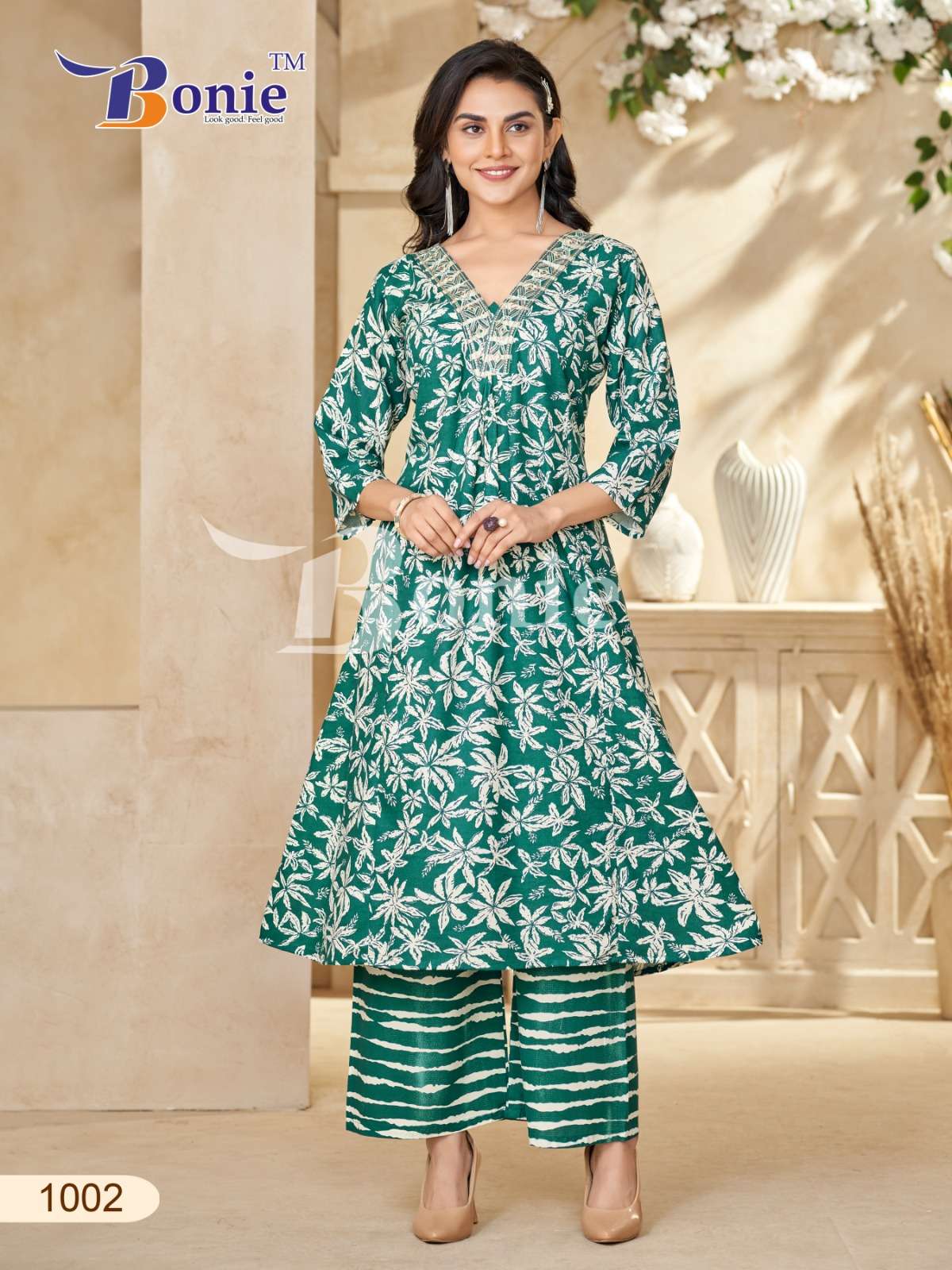RUTVI VOL 1 BY BONIE BRAND IN LIVA PRINTS KURTI PLAZZO WITH EMBROIDERY WORK IN TOP