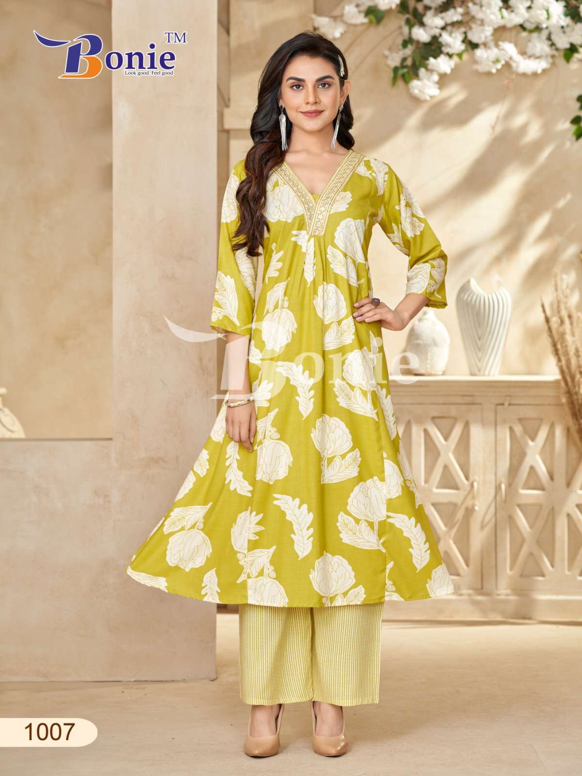 RUTVI VOL 1 BY BONIE BRAND IN LIVA PRINTS KURTI PLAZZO WITH EMBROIDERY WORK IN TOP