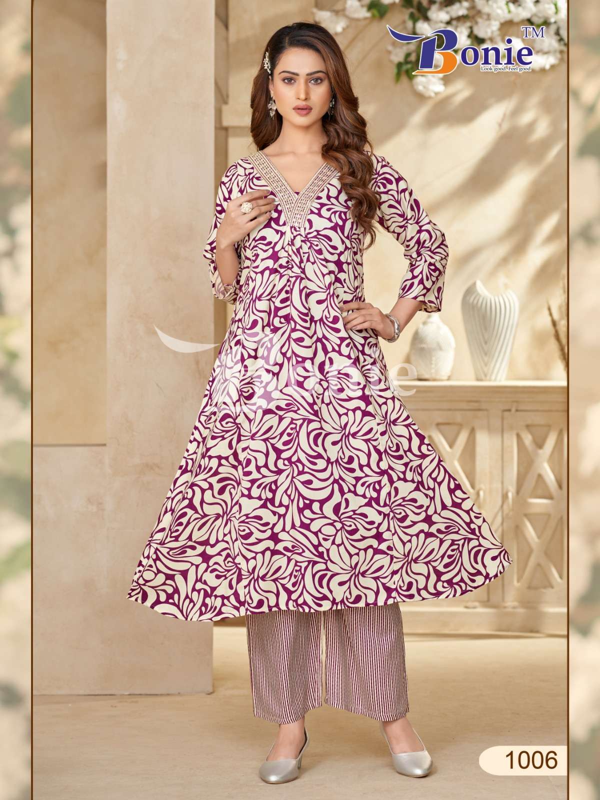 RUTVI VOL 1 BY BONIE BRAND IN LIVA PRINTS KURTI PLAZZO WITH EMBROIDERY WORK IN TOP
