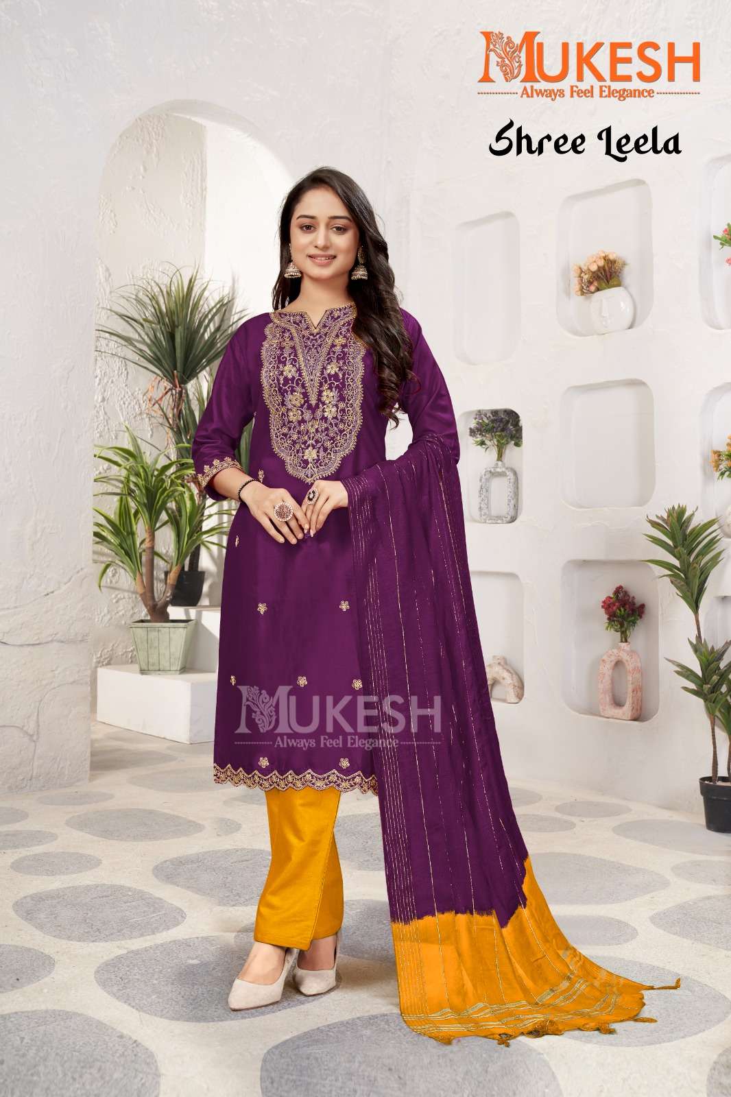 SHREE LEELA BY MUKESH IN RAYON WITH QUARDING EMBROIDERY BUTTI & NACK VISCOSE CHANDERI DUPATTA 