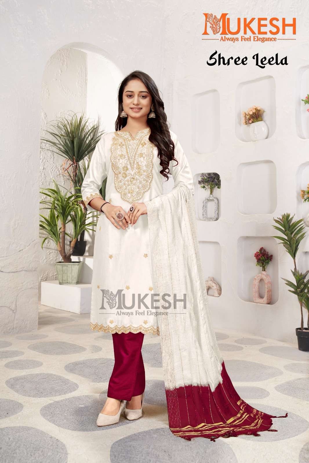 SHREE LEELA BY MUKESH IN RAYON WITH QUARDING EMBROIDERY BUTTI & NACK VISCOSE CHANDERI DUPATTA 