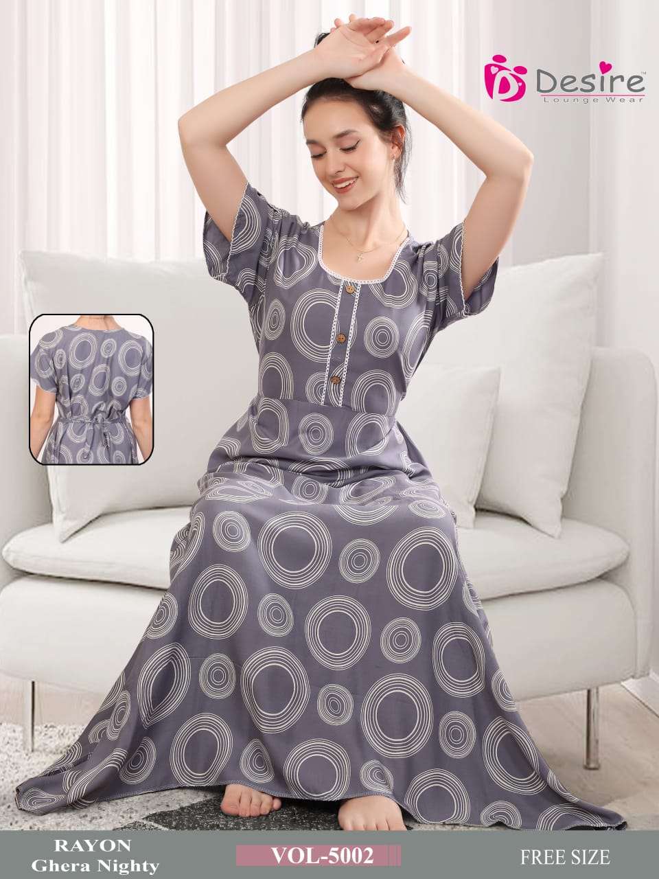 D.NO :- 5002 BY DESIRE LOUNGE WEAR PREMIUM SERIES RAYON GHERA NIGHTY 