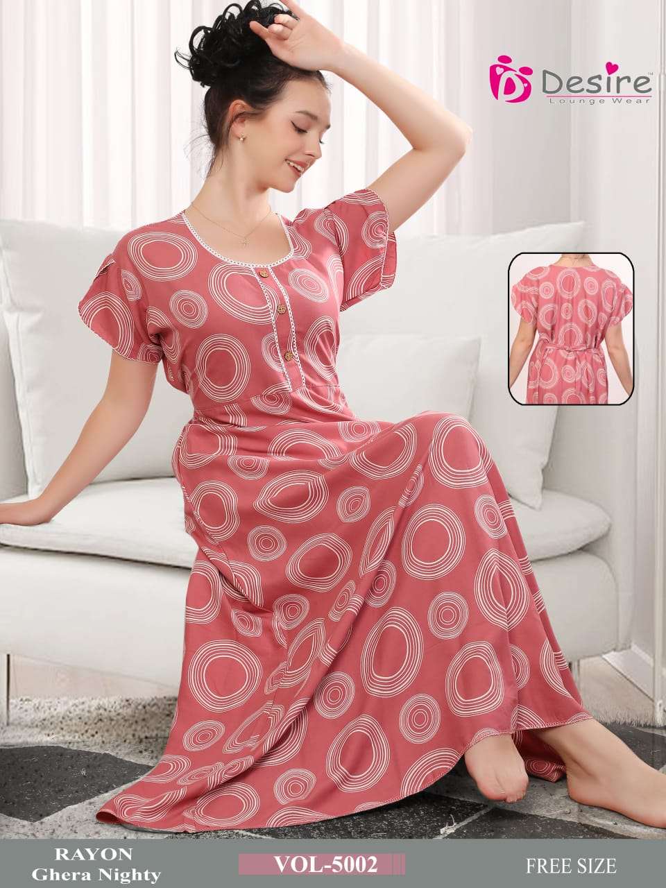 D.NO :- 5002 BY DESIRE LOUNGE WEAR PREMIUM SERIES RAYON GHERA NIGHTY 