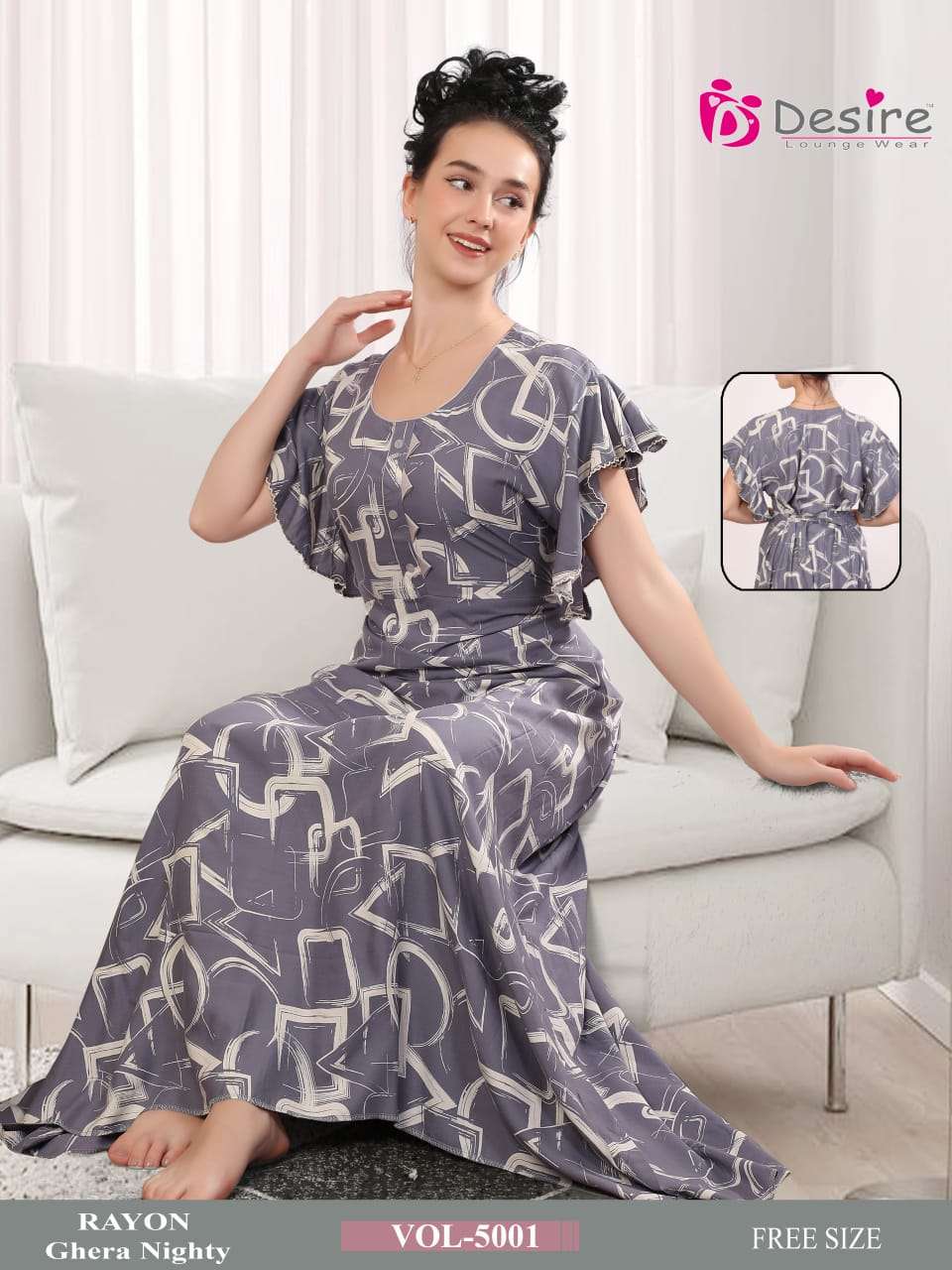 D.NO :- 5002 BY DESIRE LOUNGE WEAR PREMIUM SERIES RAYON GHERA NIGHTY 