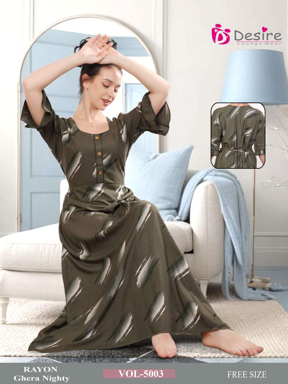 D.NO :- 5002 BY DESIRE LOUNGE WEAR PREMIUM SERIES RAYON GHERA NIGHTY 