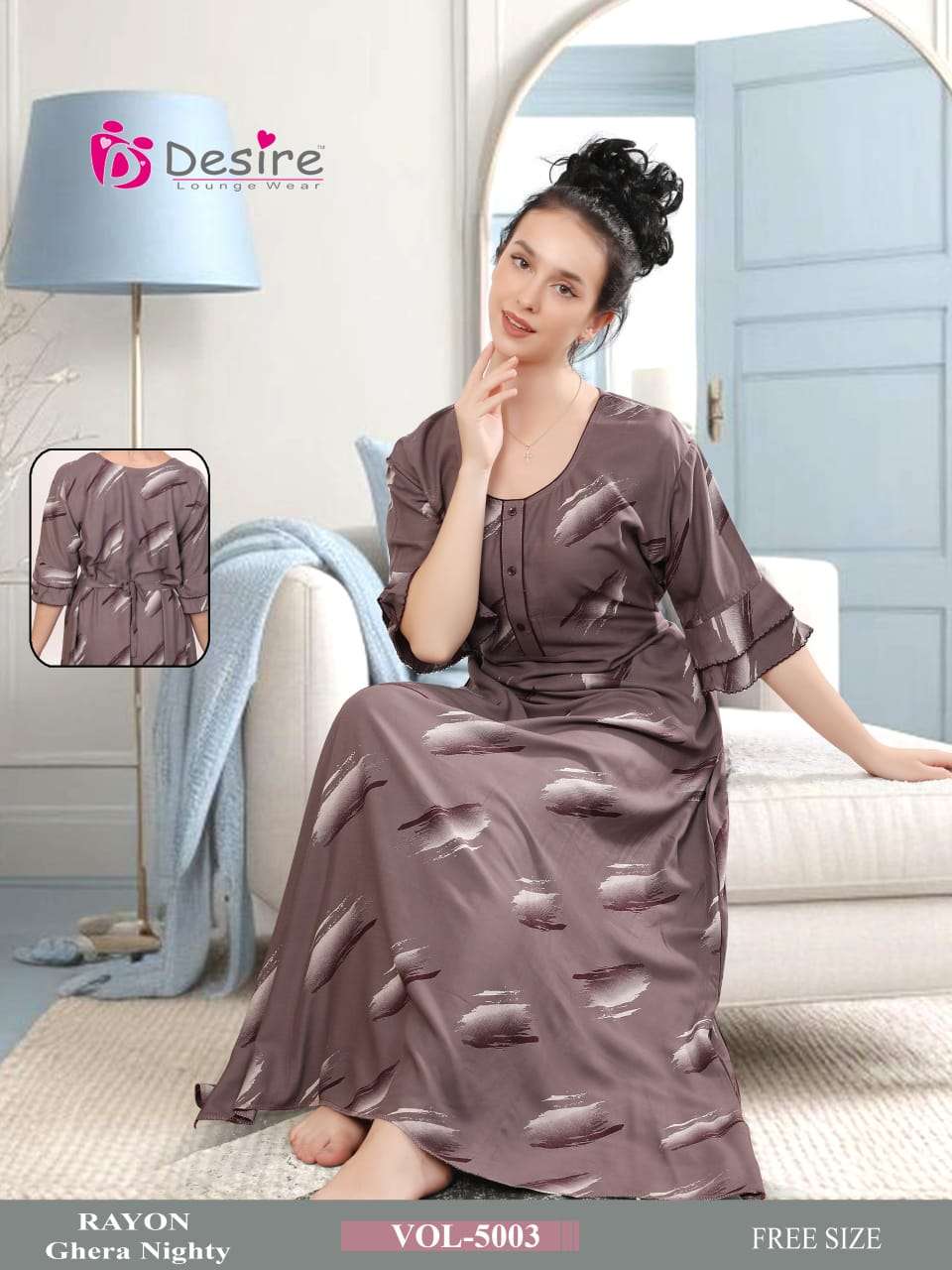 D.NO :- 5002 BY DESIRE LOUNGE WEAR PREMIUM SERIES RAYON GHERA NIGHTY 