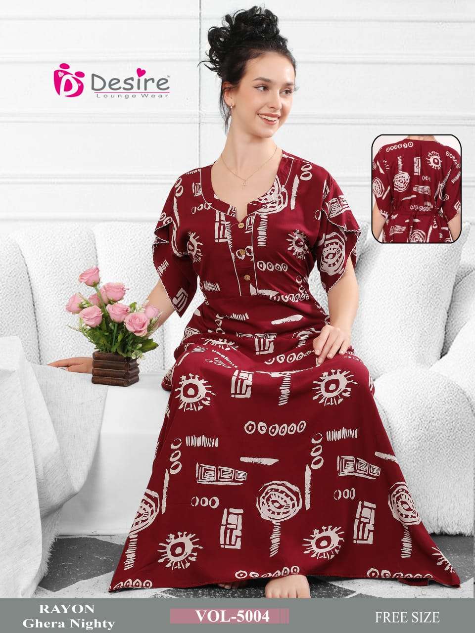 D.NO :- 5002 BY DESIRE LOUNGE WEAR PREMIUM SERIES RAYON GHERA NIGHTY 