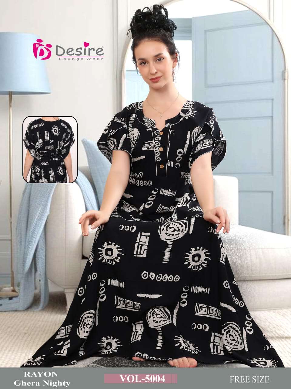 D.NO :- 5002 BY DESIRE LOUNGE WEAR PREMIUM SERIES RAYON GHERA NIGHTY 