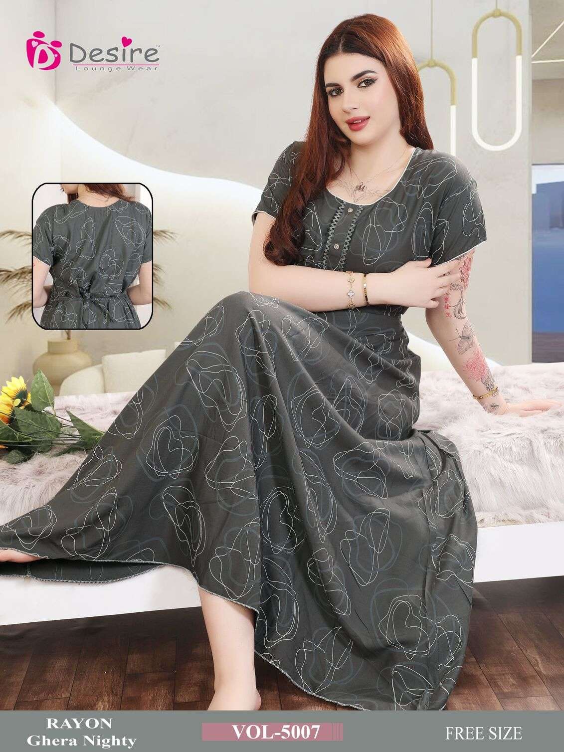 D.NO :- 5007 BY DESIRE LOUNGE WEAR PREMIUM SERIES RAYON GHERA NIGHTY 