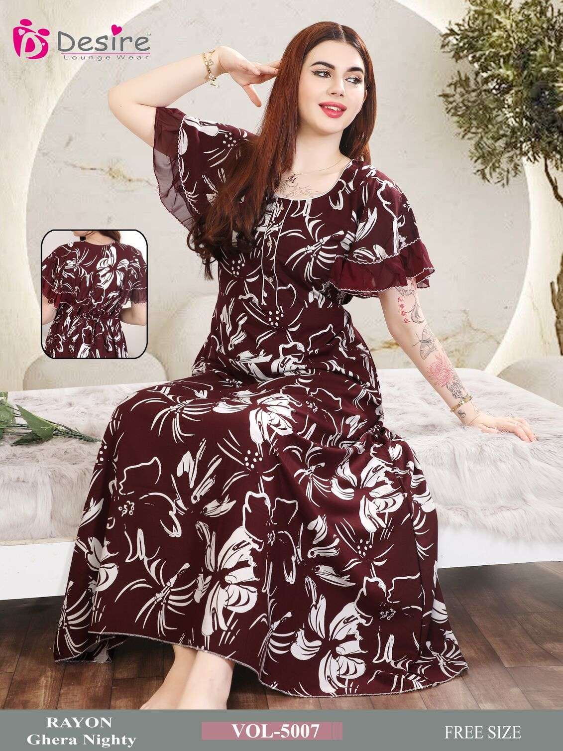 D.NO :- 5007 BY DESIRE LOUNGE WEAR PREMIUM SERIES RAYON GHERA NIGHTY 