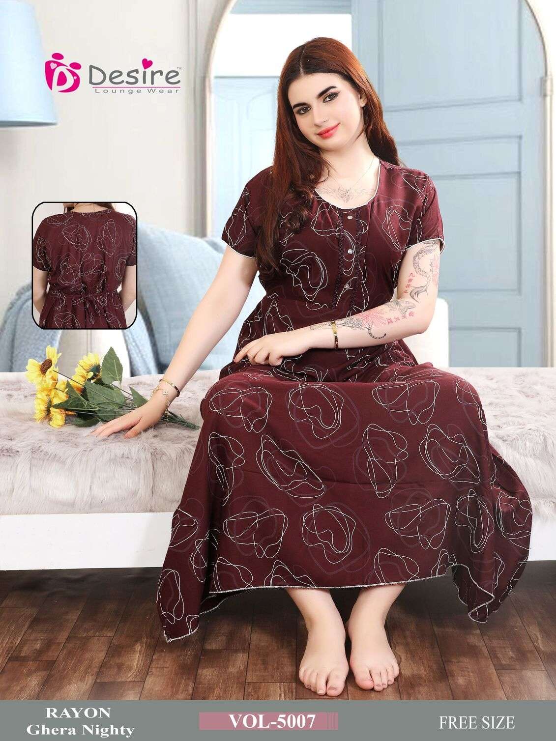 D.NO :- 5007 BY DESIRE LOUNGE WEAR PREMIUM SERIES RAYON GHERA NIGHTY 