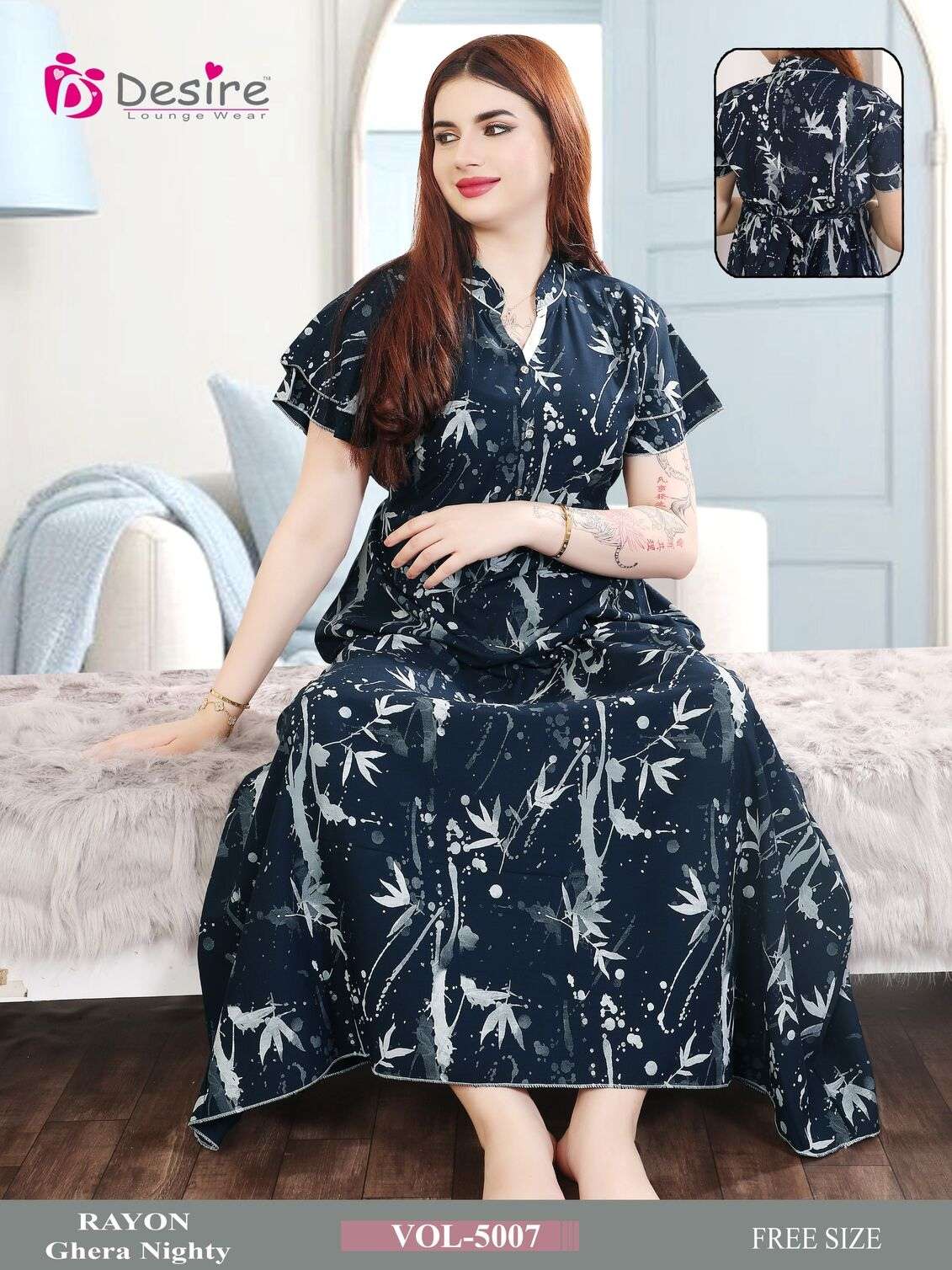 D.NO :- 5007 BY DESIRE LOUNGE WEAR PREMIUM SERIES RAYON GHERA NIGHTY 
