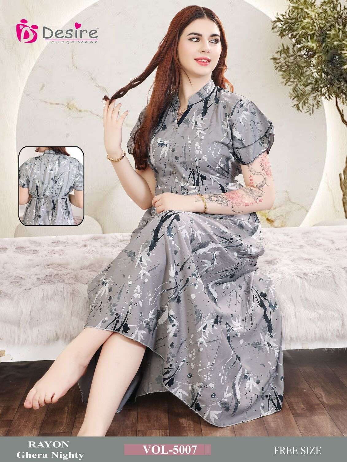 D.NO :- 5007 BY DESIRE LOUNGE WEAR PREMIUM SERIES RAYON GHERA NIGHTY 