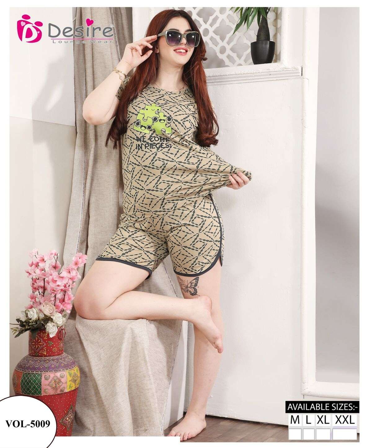 D.NO :- 5009 BY DESIRE LOUNGE WEAR PREMIUM SERIES APPLE CUT SHORT SET 