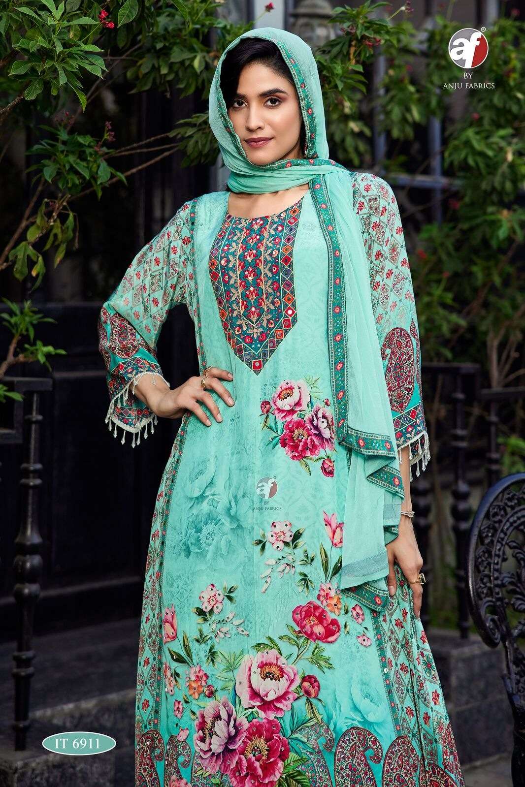 D.NO :- IT 6911 BY ANJU FABRICS IN PURE NATURAL CREPE TALE CUT KURTI WITH  PANT & DUPATTA