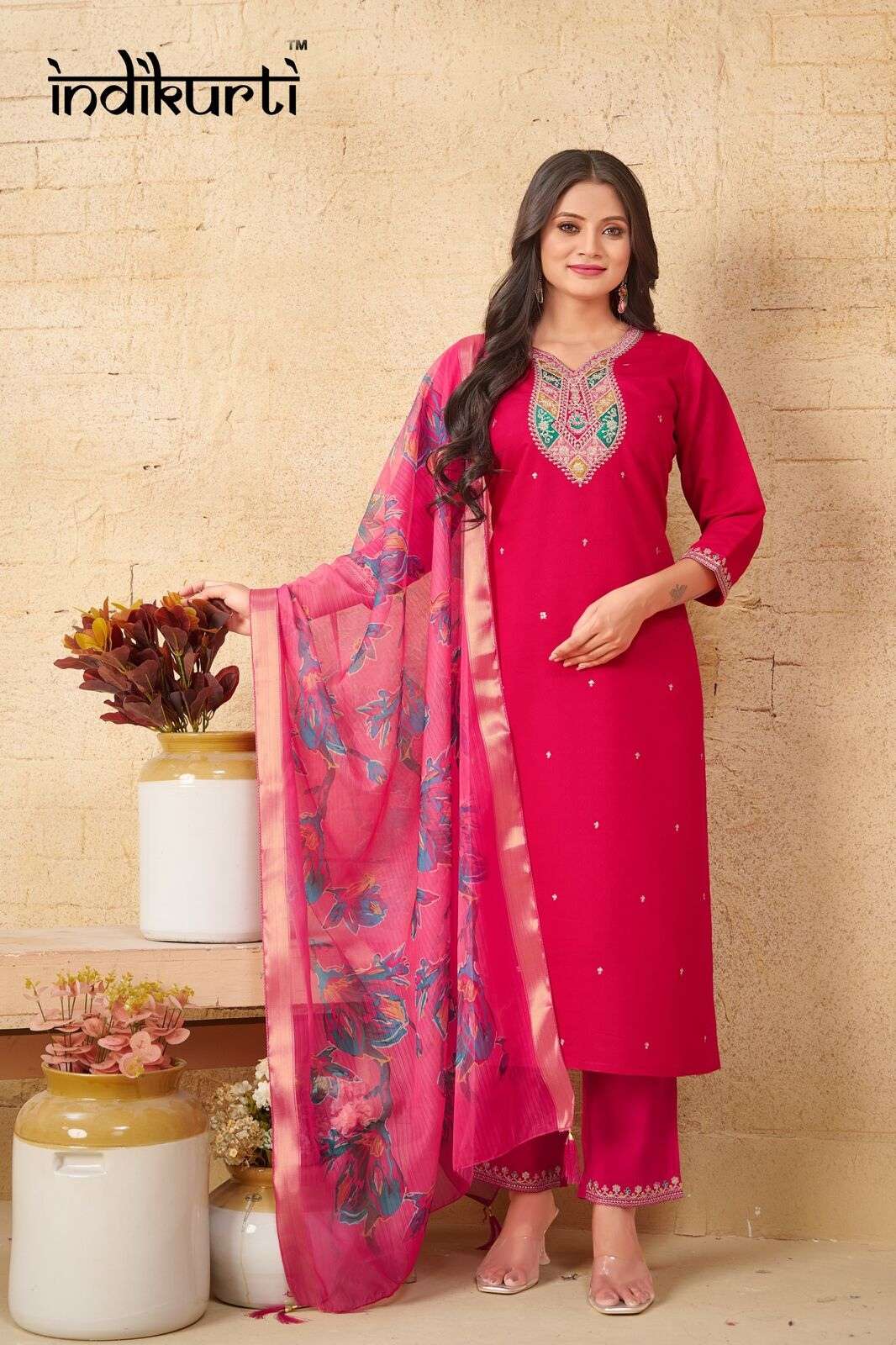 SANSKRUTI :- 2 BY INDIKURTI IN PV DOBBY ROMAN WITH FANCY EMBROIDERY WORK