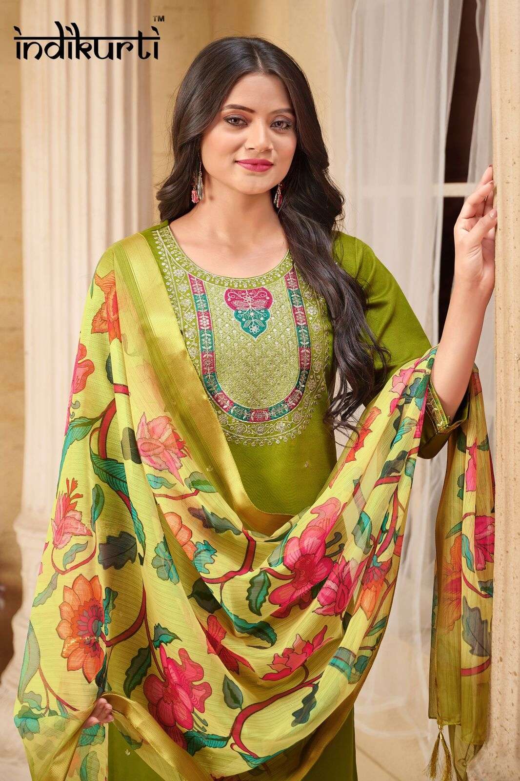 SANSKRUTI :- 2 BY INDIKURTI IN PV DOBBY ROMAN WITH FANCY EMBROIDERY WORK