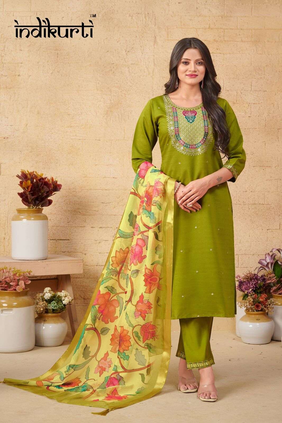 SANSKRUTI :- 2 BY INDIKURTI IN PV DOBBY ROMAN WITH FANCY EMBROIDERY WORK