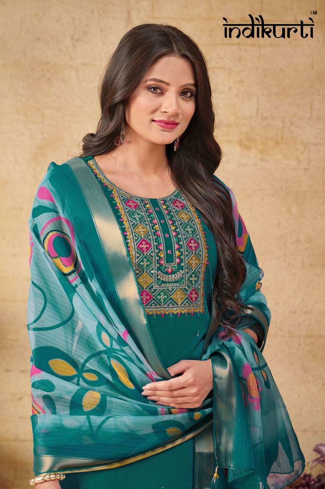 SANSKRUTI :- 2 BY INDIKURTI IN PV DOBBY ROMAN WITH FANCY EMBROIDERY WORK