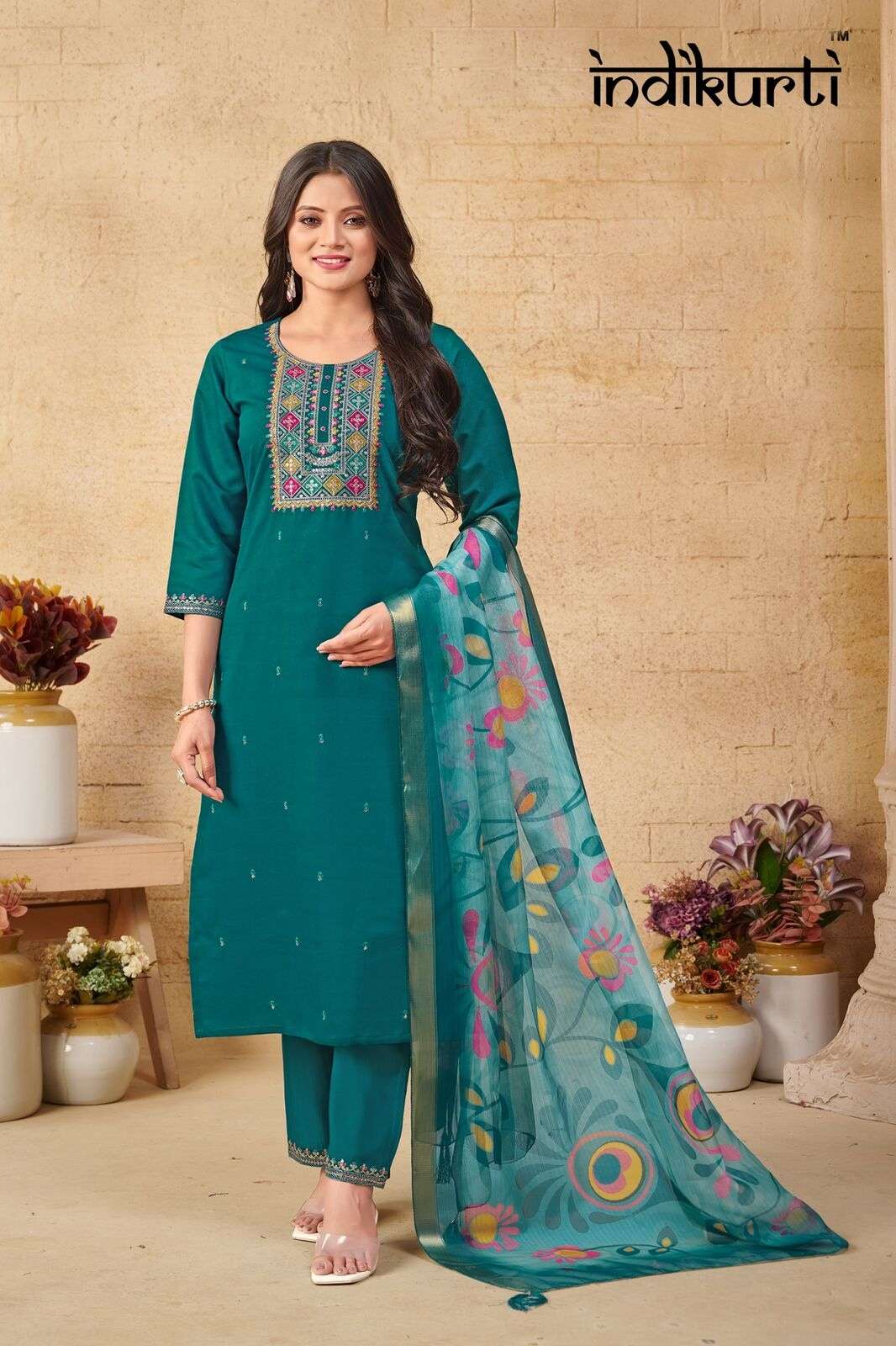 SANSKRUTI :- 2 BY INDIKURTI IN PV DOBBY ROMAN WITH FANCY EMBROIDERY WORK