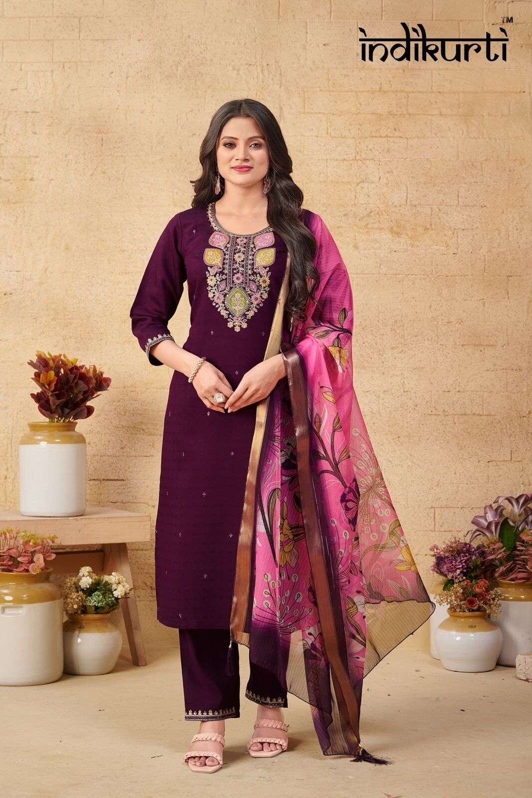 SANSKRUTI :- 2 BY INDIKURTI IN PV DOBBY ROMAN WITH FANCY EMBROIDERY WORK