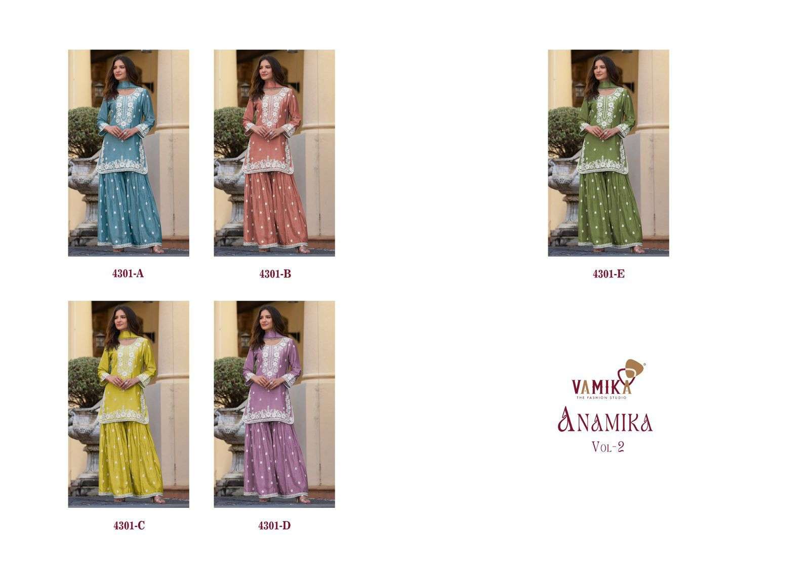 ANAMIKA VOL-2 BY VAMIKA IN HEAVY CHHINOON WITH HEAVY HANDWORK FOUR SIDE LESS DUPPATTA