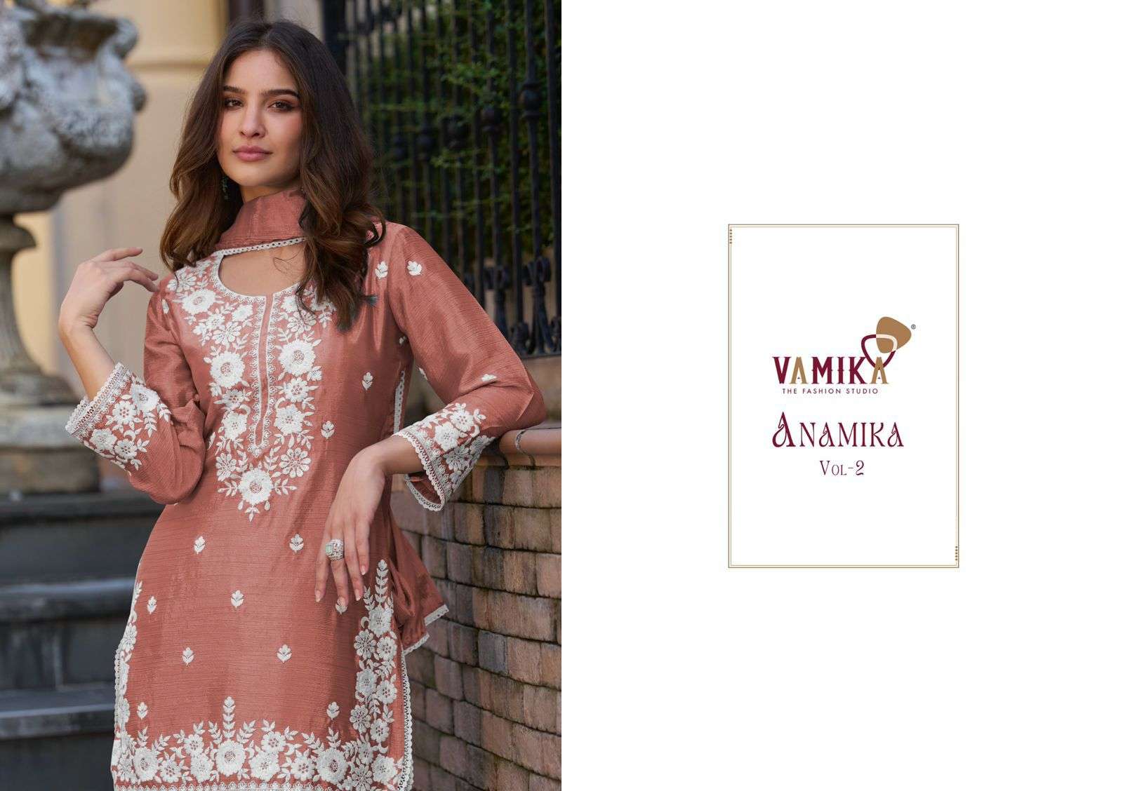 ANAMIKA VOL-2 BY VAMIKA IN HEAVY CHHINOON WITH HEAVY HANDWORK FOUR SIDE LESS DUPPATTA