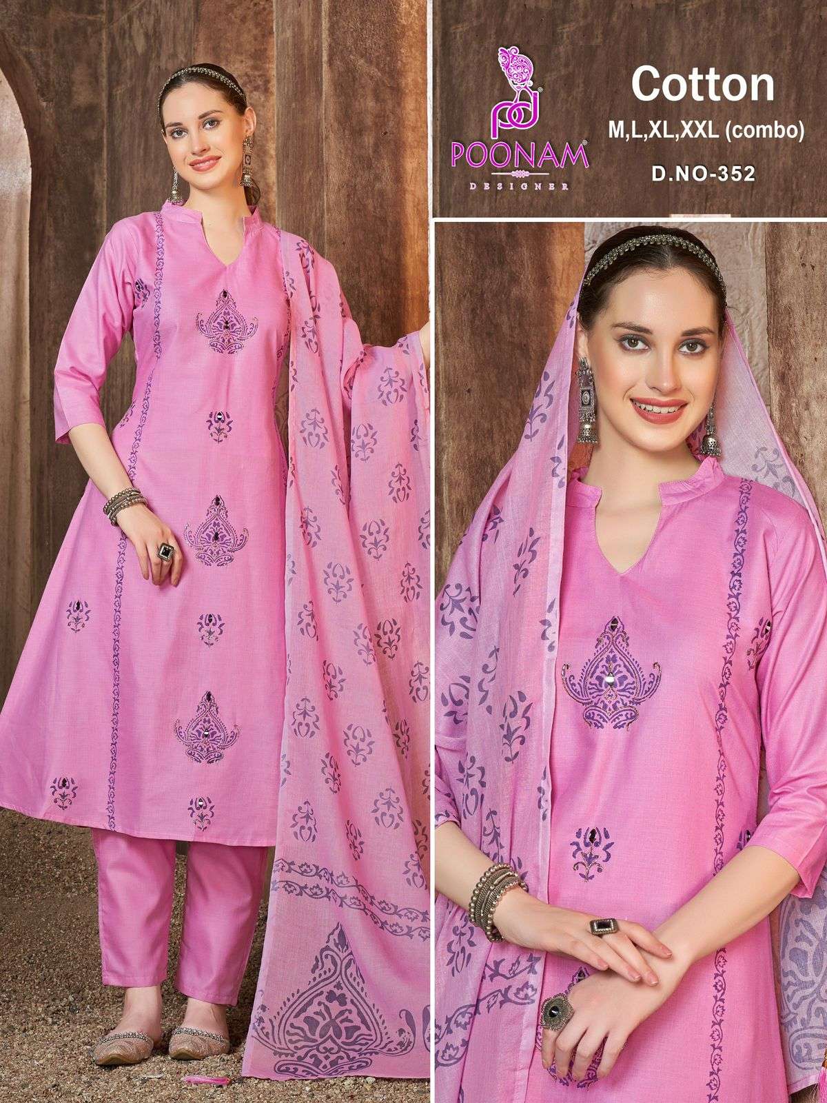 D.NO :- 351 TO 354 BY POONAM DESIGNER IN COTTON A LINE GOWN WITH FRONT FULL HANDWORK 