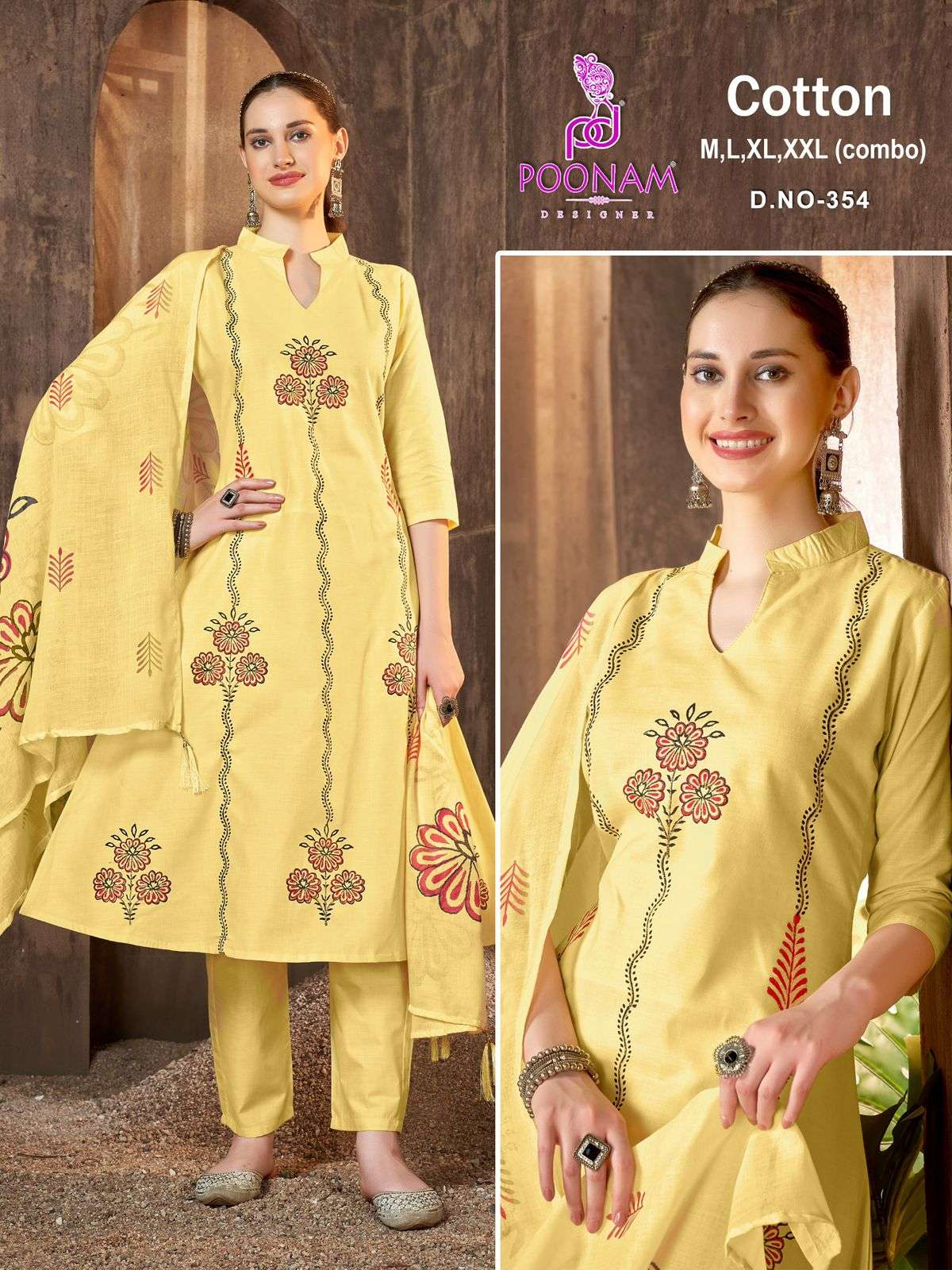 D.NO :- 351 TO 354 BY POONAM DESIGNER IN COTTON A LINE GOWN WITH FRONT FULL HANDWORK 