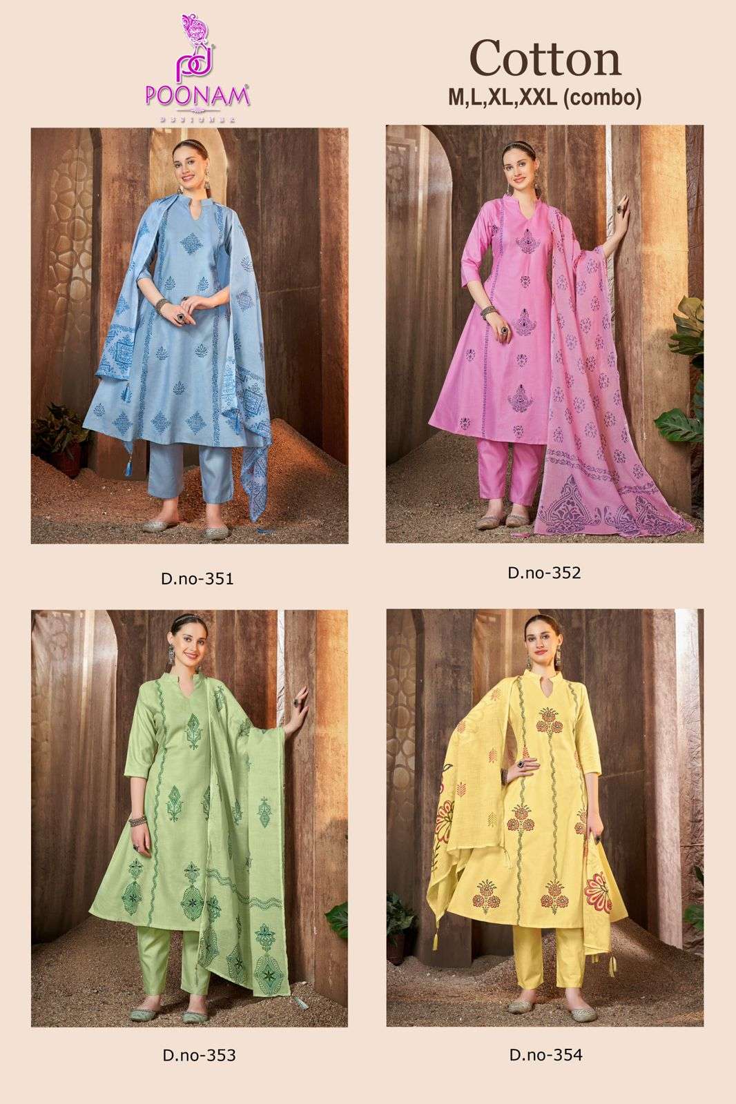 D.NO :- 351 TO 354 BY POONAM DESIGNER IN COTTON A LINE GOWN WITH FRONT FULL HANDWORK 
