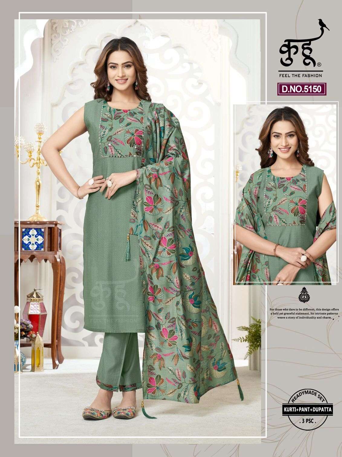 D.NO :- 5148 TO 5151 BY KUHOO IN FANCY FABRIC READYMADE SET KURTI PANT DUPATTA