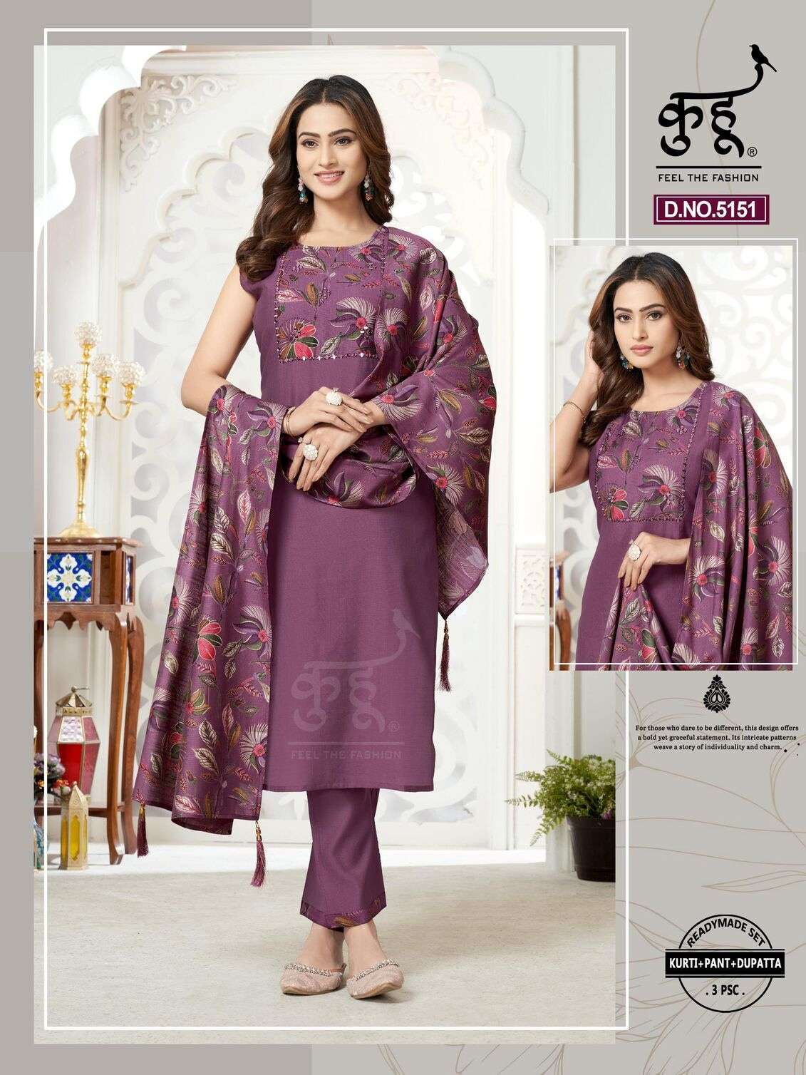D.NO :- 5148 TO 5151 BY KUHOO IN FANCY FABRIC READYMADE SET KURTI PANT DUPATTA