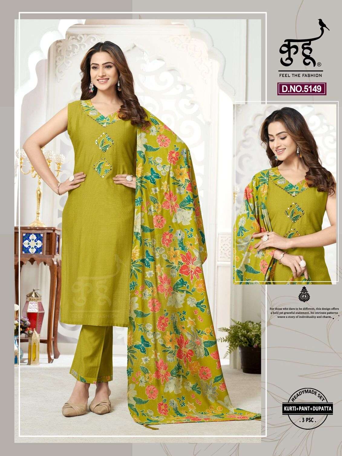 D.NO :- 5148 TO 5151 BY KUHOO IN FANCY FABRIC READYMADE SET KURTI PANT DUPATTA