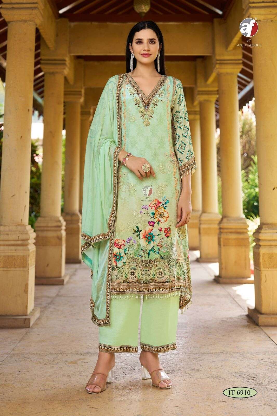D.NO :- IT 6910 BY ANJU FABRICS IN PURE NATURAL CREPE TALE CUT KURTI WITH  PANT & DUPATTA