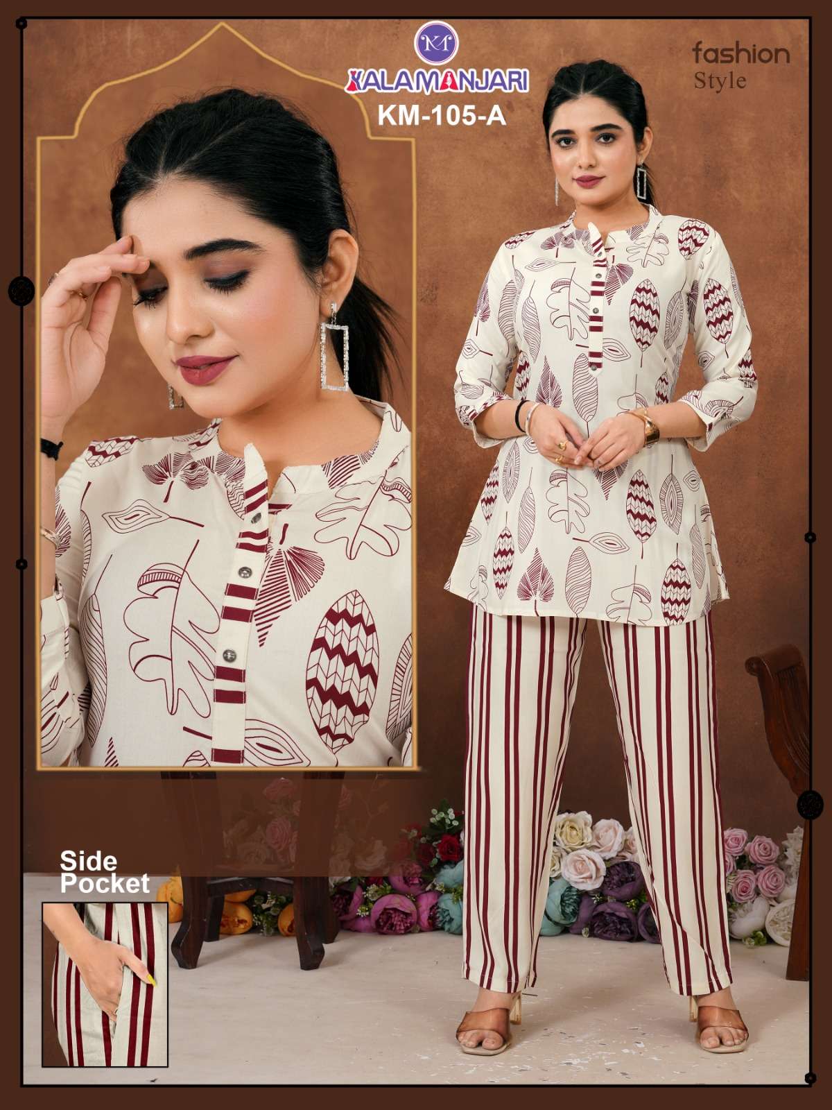 D.NO:-KM 105 BY KALAMANJARI IN PREMIUM RAYON PRINT WITH LIVE TAG CO-ORD SET