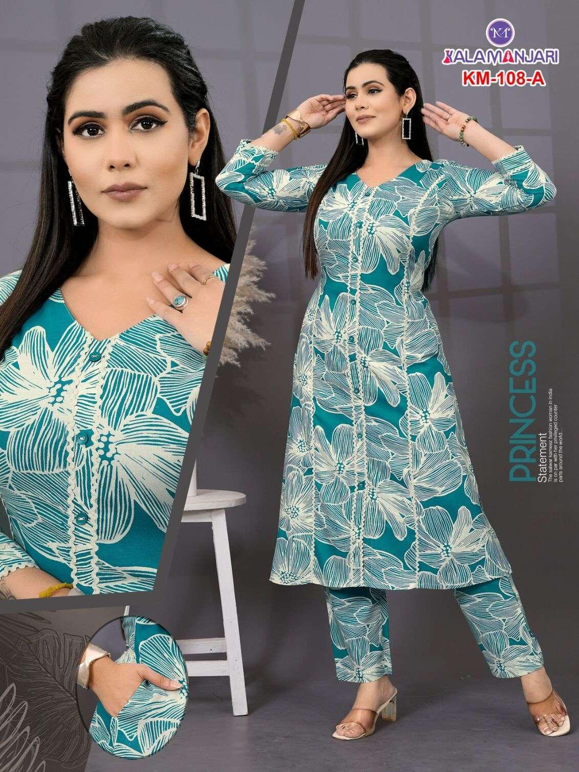 D.NO:-KM 108 BY KALAMANJARI IN PREMIUM RAYON PRINT WITH LIVE TAG CO-ORD SET